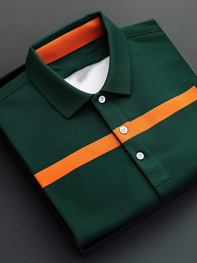Men's Business Casual Green Orange Color Block Button Short Sleeve Pol