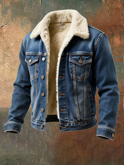 Men's Retro Warm Plush Denim Splicing Warm Jacket