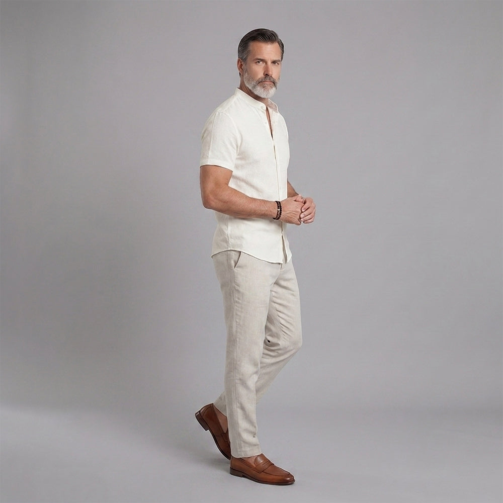 Men's Short-Sleeve Shirt with Stand-Up Collar: Lightweight, Breathable, and Textured