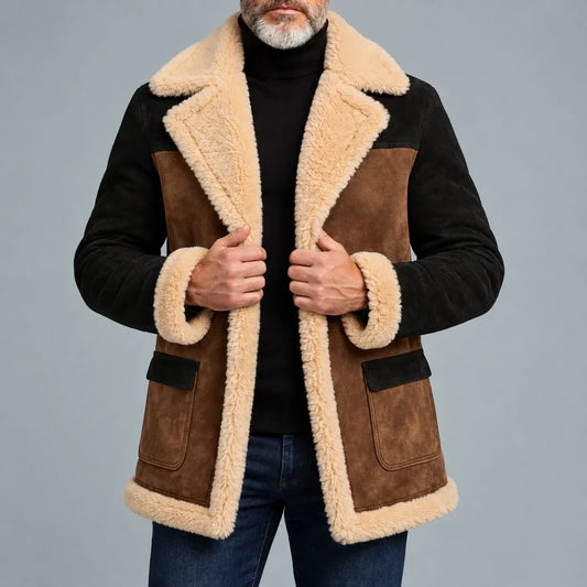 Men's Suede Colorblock Lapel Collar Sherpa Lined Vintage Thickened Jacket