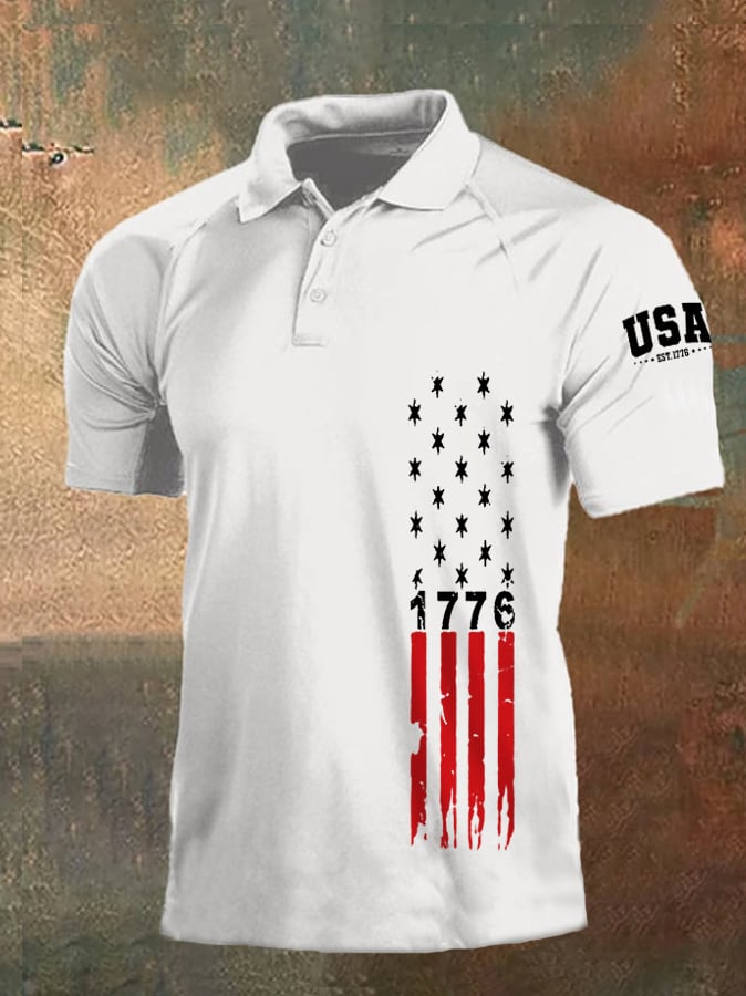 Men's Independence Day 1776 American Flag Print Casual Polo