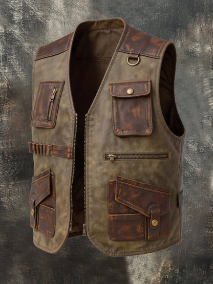 Men's Vintage Leather Multi-Pocket Utility Vest