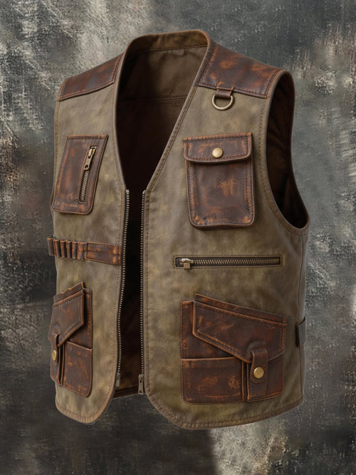 Men's Vintage Leather Multi-Pocket Utility Vest