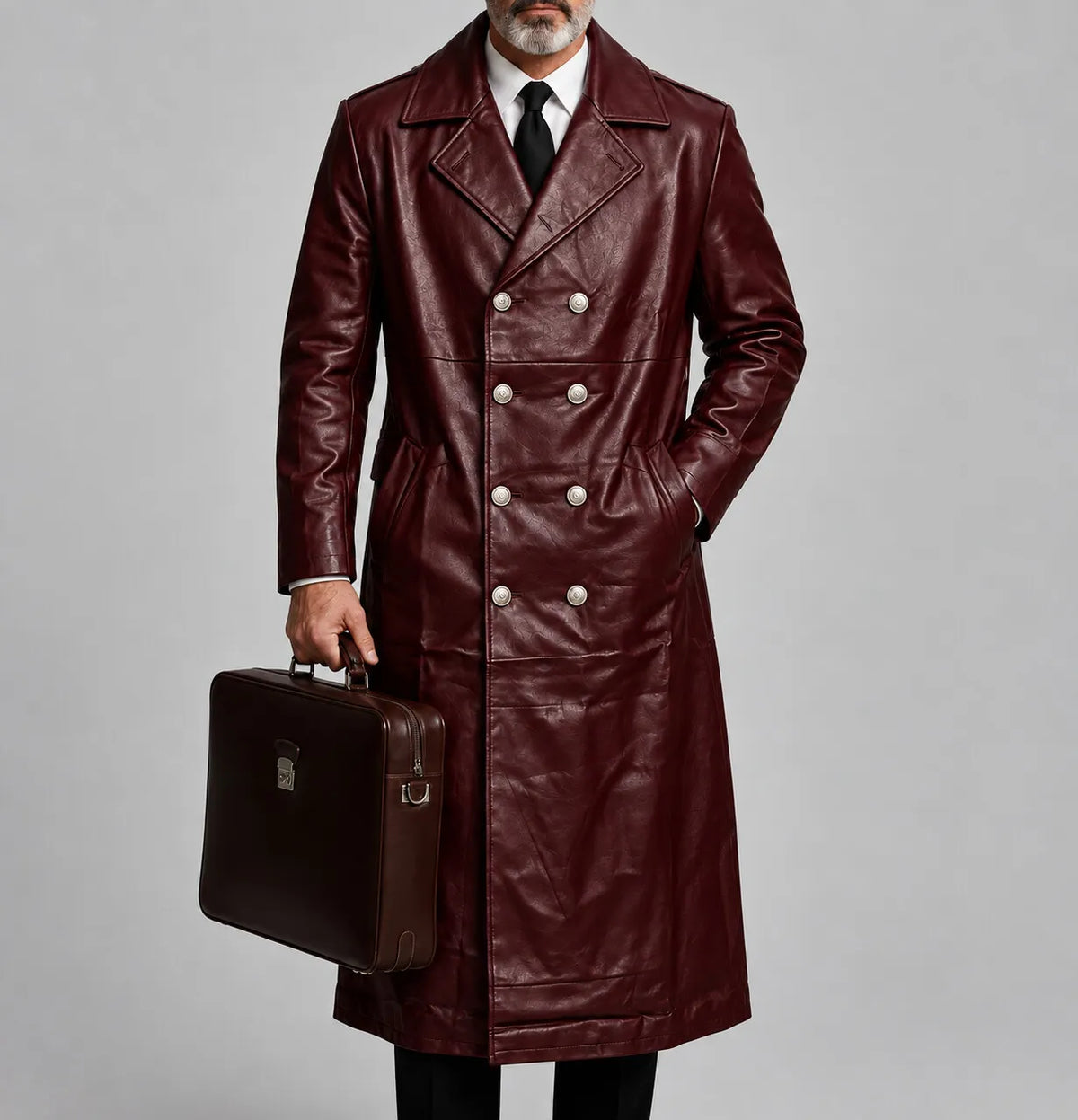 Men's Dark Brown PU Leather Slant Pockets Notched Lapel Double-Breasted Trench Coat
