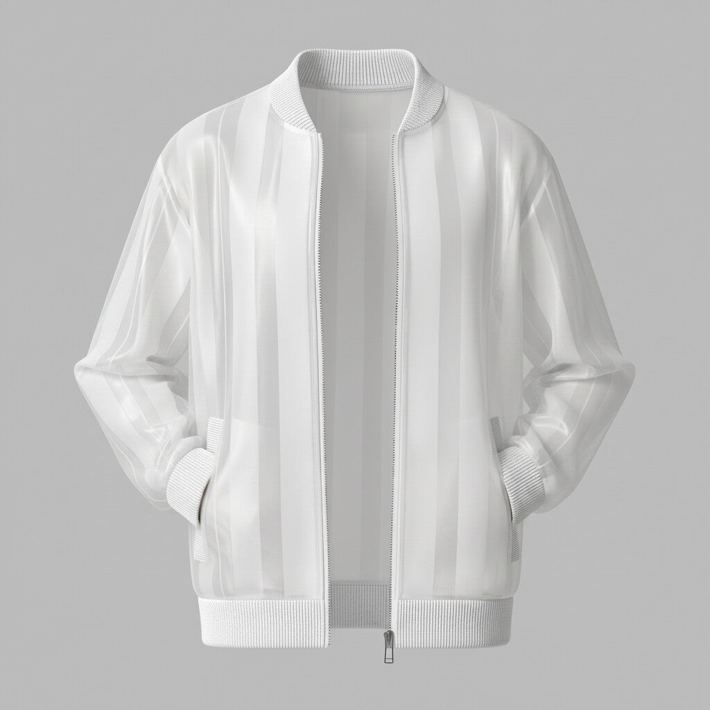 Men's Stylish White Organza Semi-Sheer Striped Zip-Up Jacket