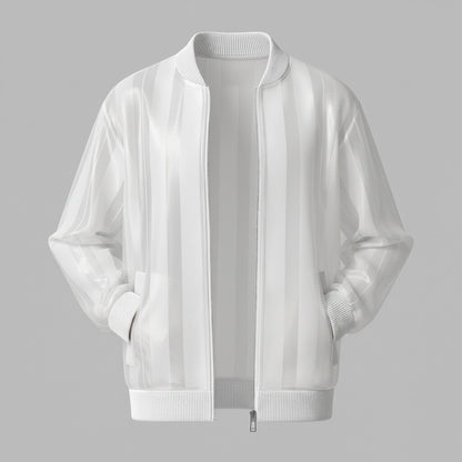 Men's Stylish White Organza Semi-Sheer Striped Zip-Up Jacket