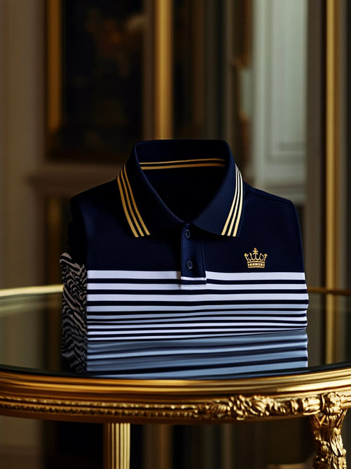 Men's Business Casual Striped Crown Logo Button Short Sleeve Polo Shirt