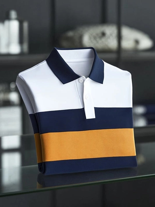 Men's Business Casual Plaid Logo Button Short Sleeve Polo Shirt