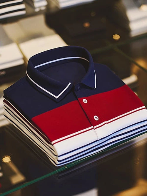 Men's Business Casual Plaid Logo Button Short Sleeve Polo Shirt