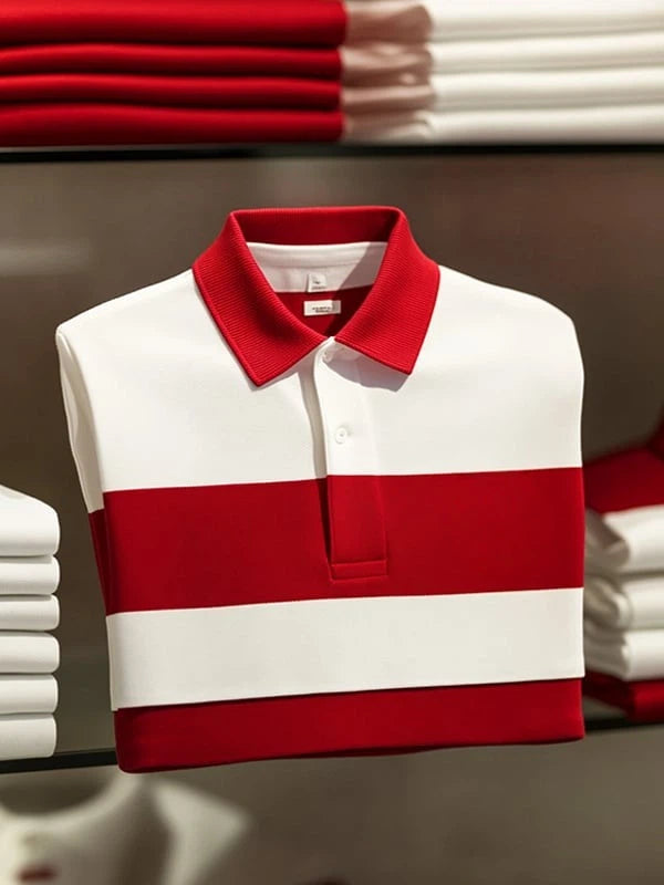 Men's Business Casual Plaid Logo Button Short Sleeve Polo Shirt