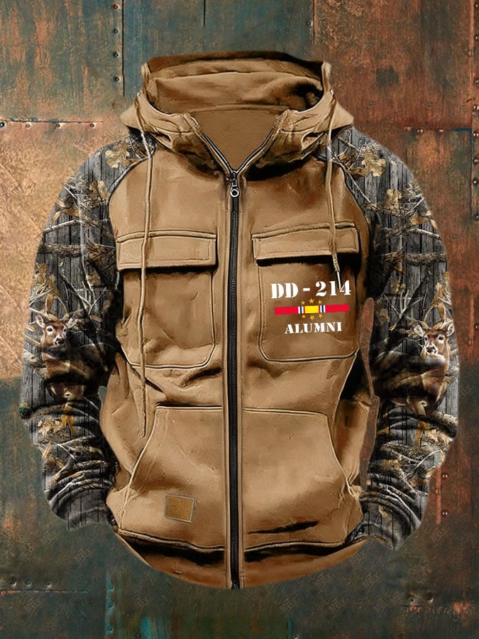 Men's Vintage Veteran Print Multi-Pocket Jacket