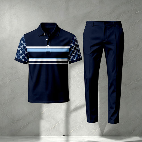 Men's Dark Blue Short-Sleeve Polo Shirt and Pants Set