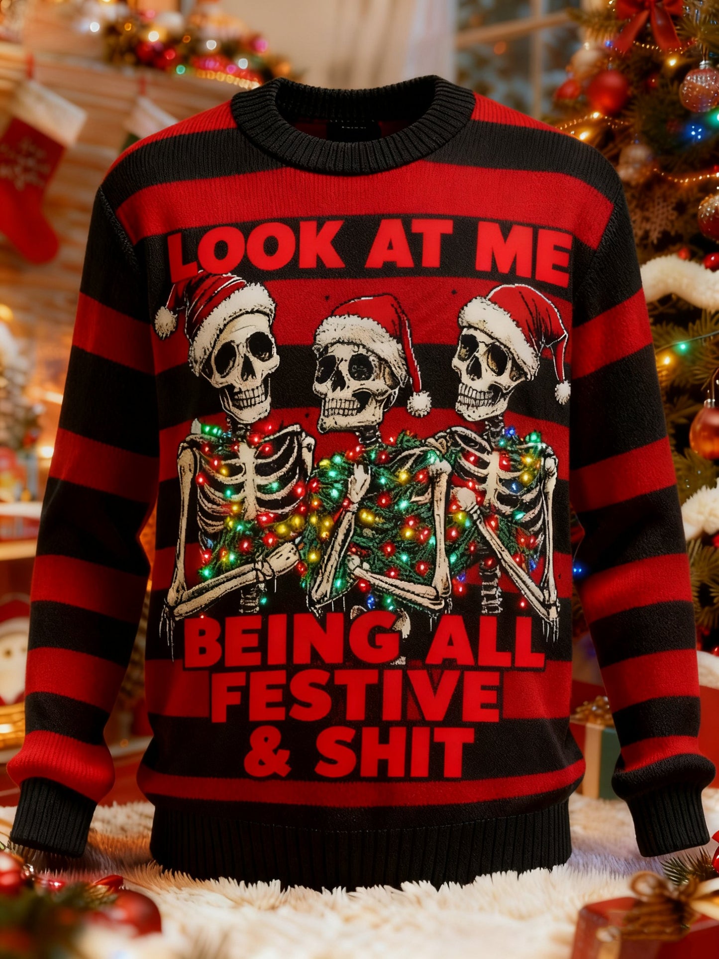 Men's Cartoon Print Ugly Xmas Look At Me Being All Festive And Shit Pullover Sweater