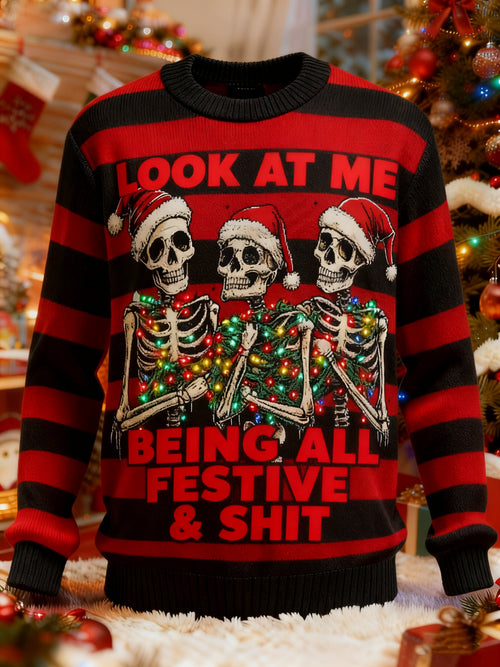 Men's Cartoon Print Ugly Xmas Look At Me Being All Festive And Shit Pullover Sweater