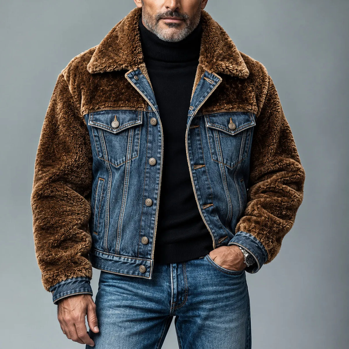 Men's Colorblock Single Breasted Multi-Pocket Denim Patchwork Fluffy Jacket