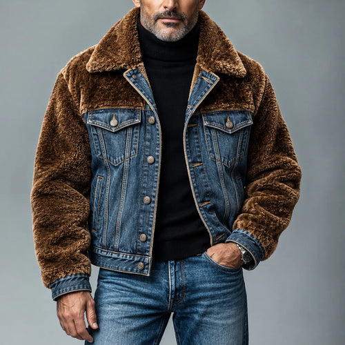 Men's Colorblock Single Breasted Multi-Pocket Denim Patchwork Fluffy Jacket