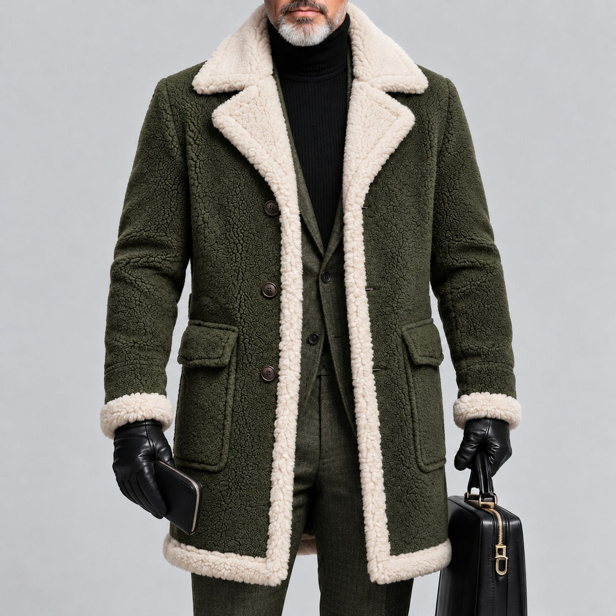Men's Solid Color Lapel Collar Single Breasted Flap Pockets Sherpa Lined Trench Coat