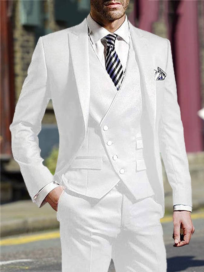 Men's Three-Piece Business Suit With One Button And Contrast Stitching