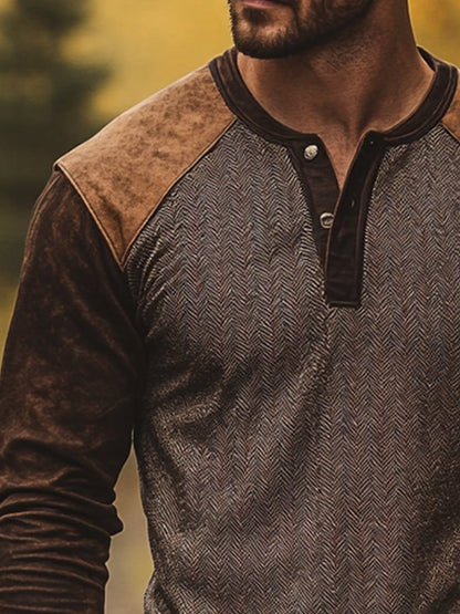 Men's Casual Retro Casual Colorblock Long Sleeve Henley Shirt