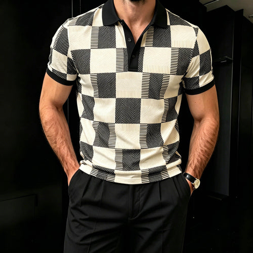 Men's Casual Apricot And Gray Color Grid Splicing Matching Printed Short Sleeves Polo Shirt