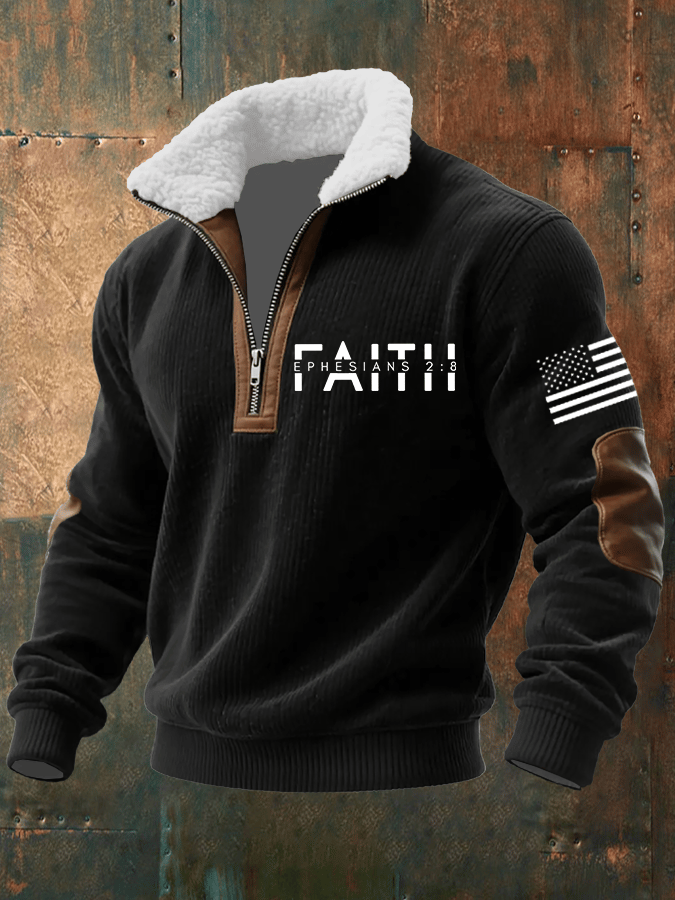 Men's Faith Print Knitted Fabric Zipper Fur Collar Long-Sleeved Sweatshirt