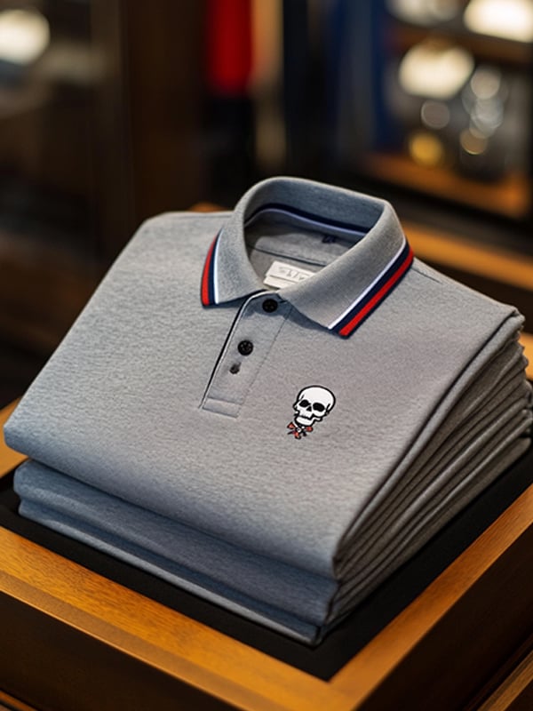 Men's Business Casual Skull Print Button-Down Polo Shirt