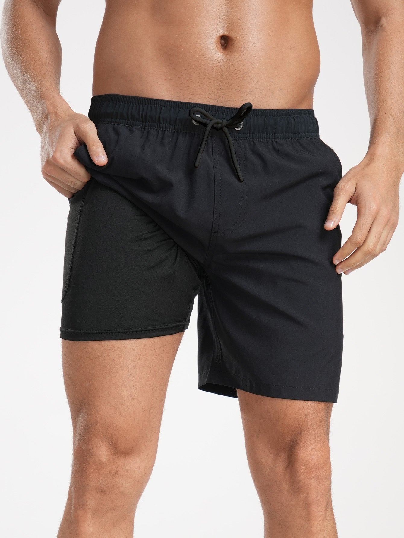 2 In 1 Solid Color Drawstring Swim Shorts