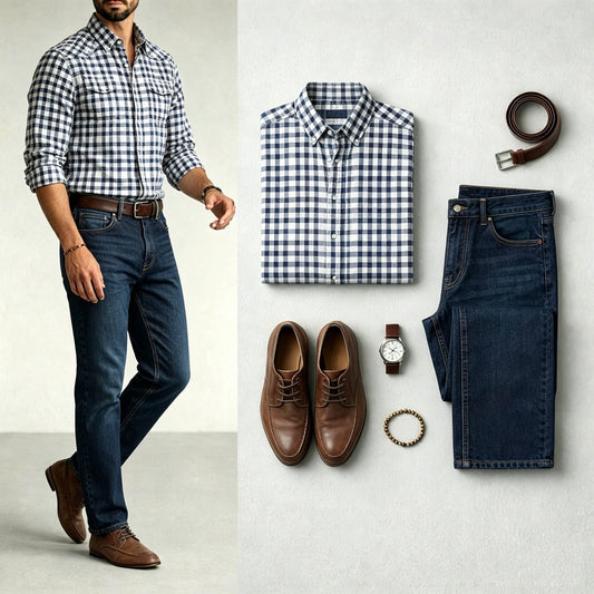 Men's Navy Blue Color Matching Retro Style Plaid Printed Lapel Collar Shirt & Jeans Two-Piece Set