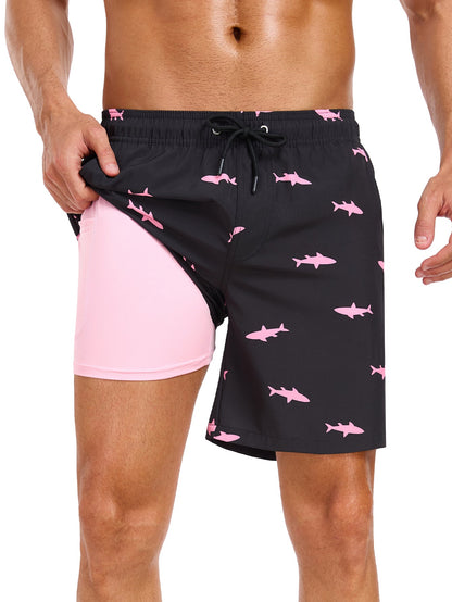2 In 1 Pink Shark Print Swim Shorts