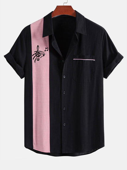 Musical Note Print Linen Look Contrast Button Up Shirt