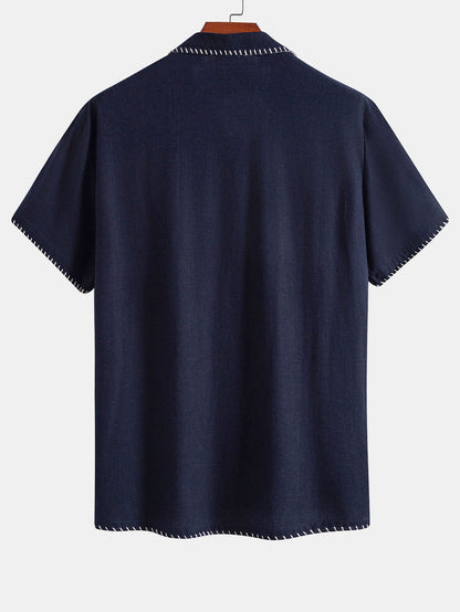 Contrast Stitching Linen Rayon Blend Cuban Shirt