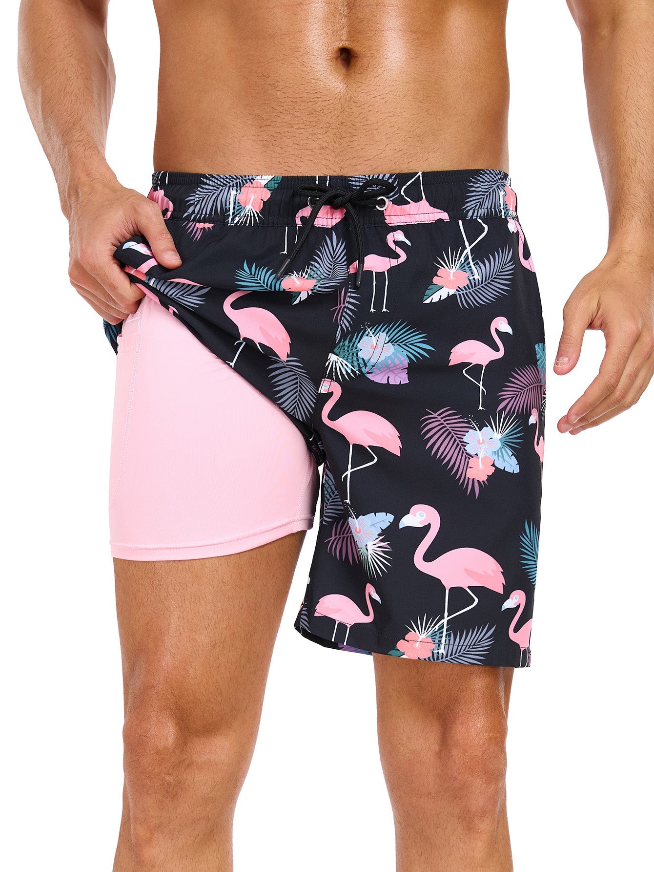 2 In 1 Tropical Flamingo Print Swim Shorts