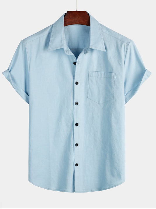 Men's Solid Color Linen Cotton Pocket Casual Short Sleeve Shirt