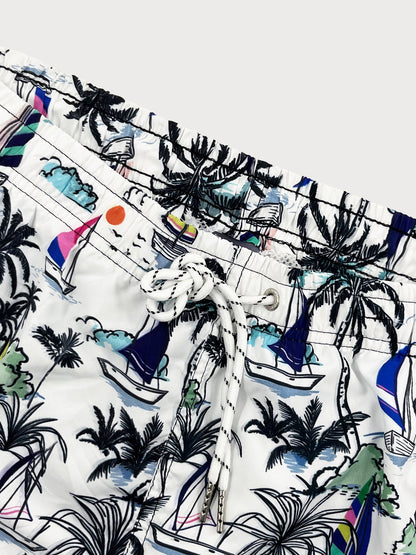 Palm Tree Sailboat Print Swim Shorts