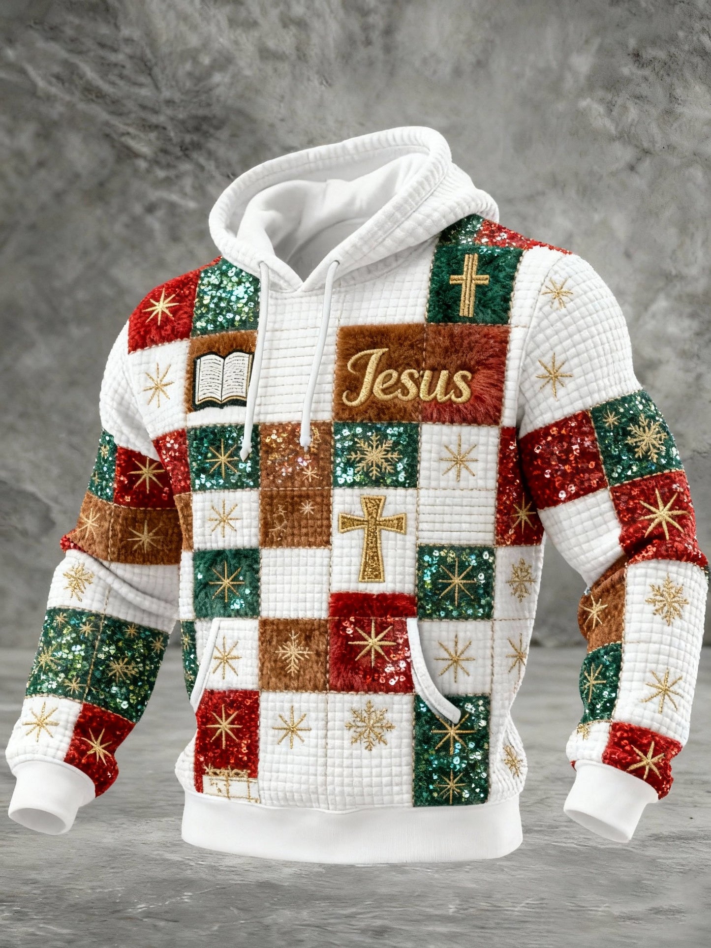 Men's Christmas Splicing Faith Print Hoodie