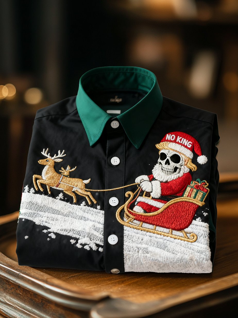 Men's Retro Christmas Print Santa Gifts Elk No King Long Sleeve Shirt