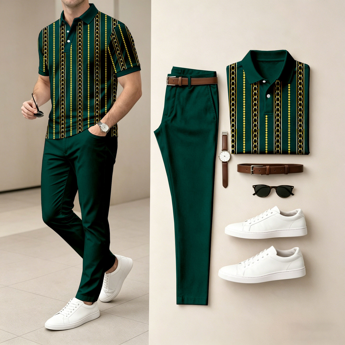 Men's Casual Two-Tone Chain-Print Short-Sleeve Polo Shirt And Pants Set (Excludes Accessories Such As Watches And Belts)