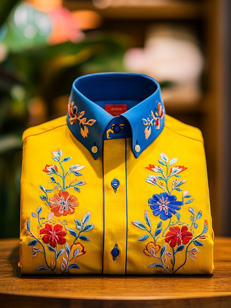Men's Business Casual Floral Lapel Short Sleeve Shirt