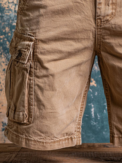 Men's Retro Outdoor Multi-Pocket 100% Cotton Washed Cargo Shorts