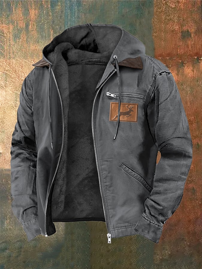 Men's Vintage Plush Western Elk Print Zipper Jacket