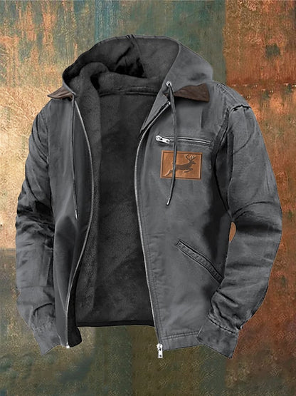 Men's Vintage Plush Western Elk Print Zipper Jacket