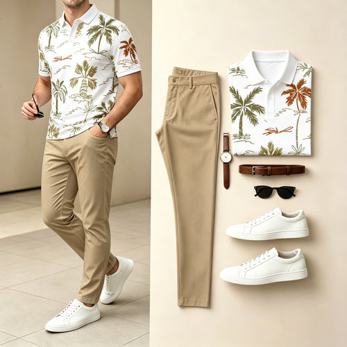 Men's Casual Khaki & White Color Matching Short Sleeves Polo Shirt & Pants Two Piece Set