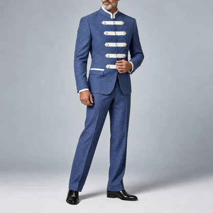 Men's Blue Classic Plaid Print Mandarin Collar Blazer & Pants Formal 2Pcs Suit
