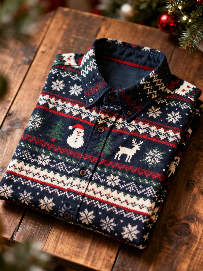 Men's  Christmas Long Sleeve Button-Down Shirt