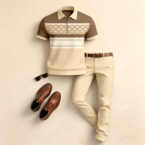 Men's Casual Color-Blocked Printed Short-Sleeve Polo Shirt And Pants Two-Piece Set