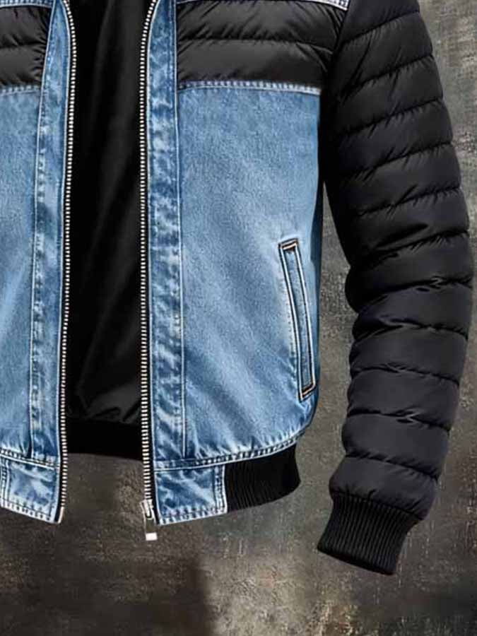 Men's Vintage Washed Denim-Panelled Outdoor Down Jacket