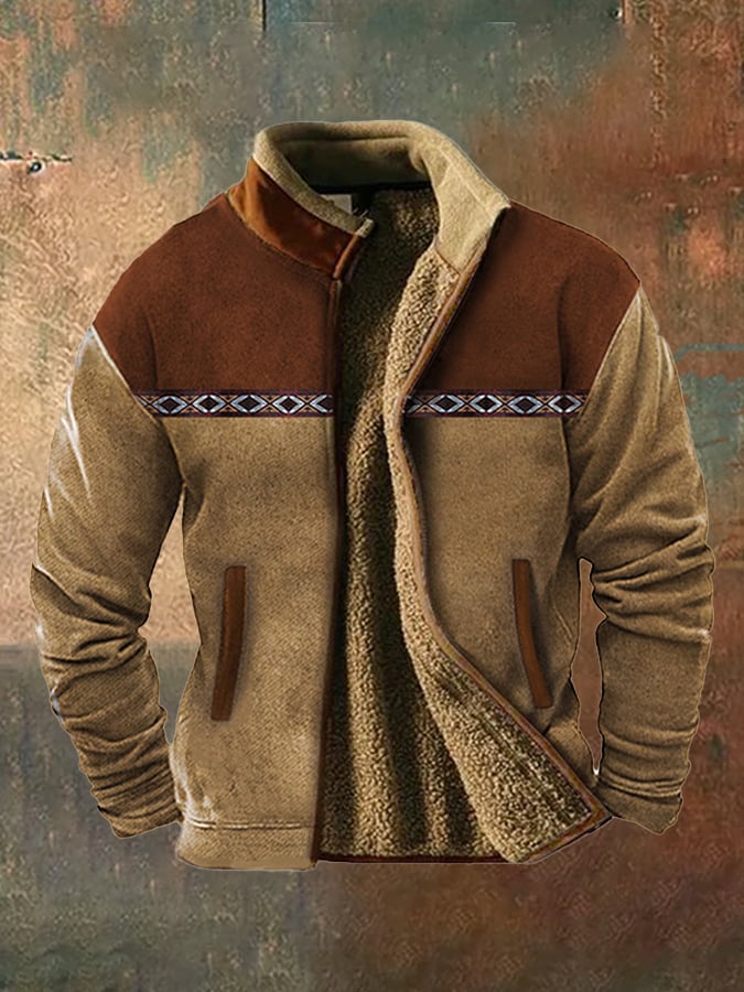 Men's vintage western hunting patchwork warm fleece jacket