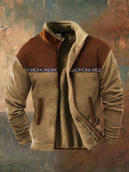 Men's vintage western hunting patchwork warm fleece jacket