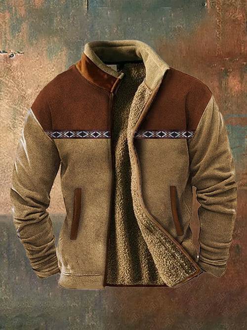 Men's vintage western hunting patchwork warm fleece jacket
