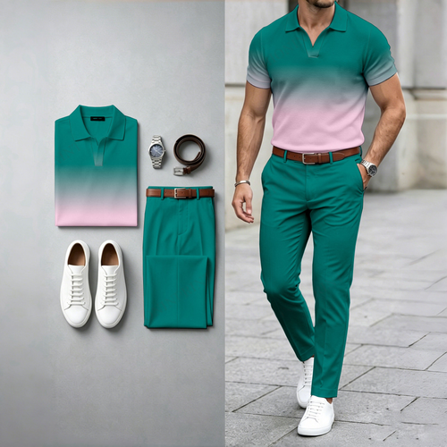 Men's Casual Gradient-Print Short-Sleeve Polo Shirt And Pants Set (Excludes Accessories Such As Watches And Belts)